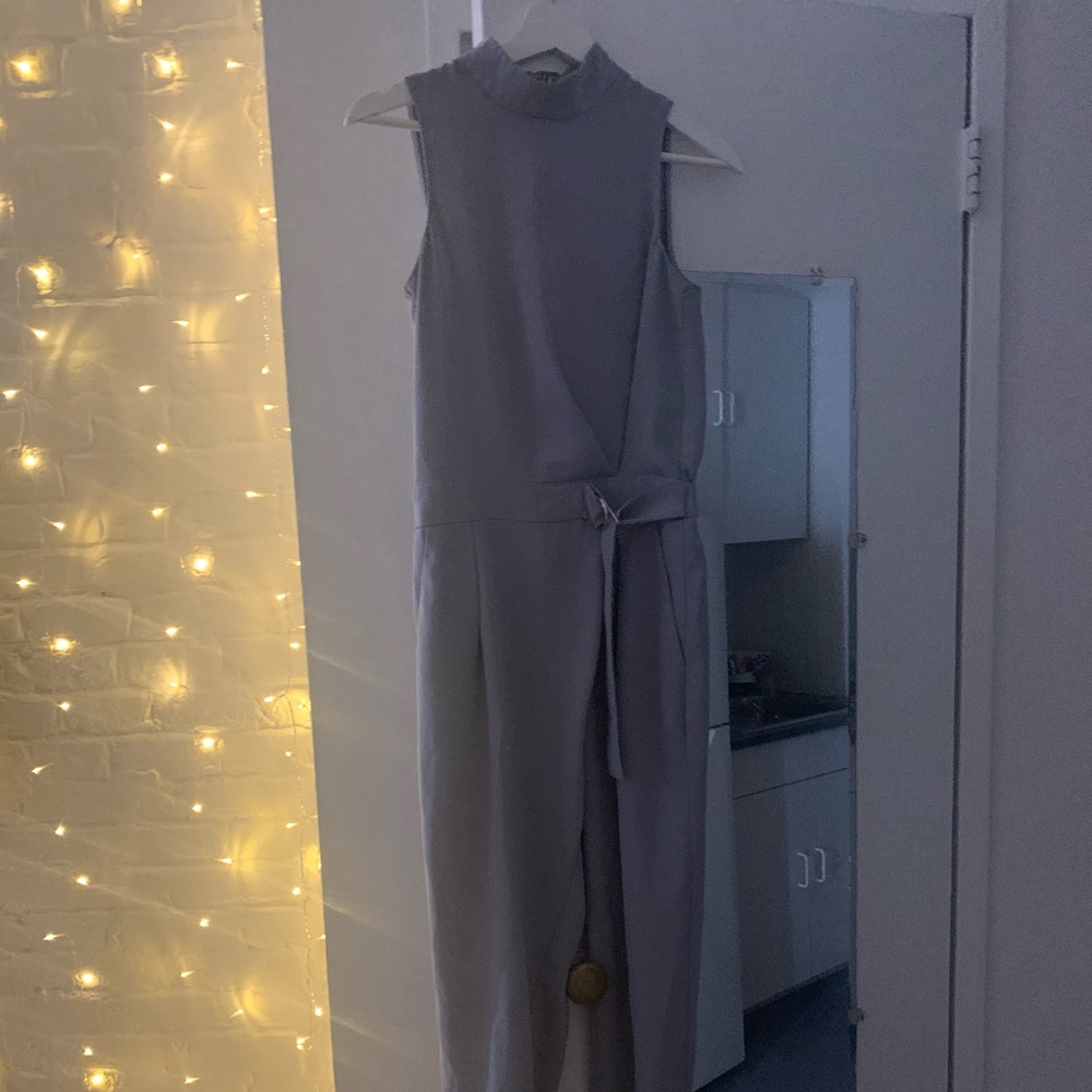 Light blue/silver high-neck, open back jumpsuit